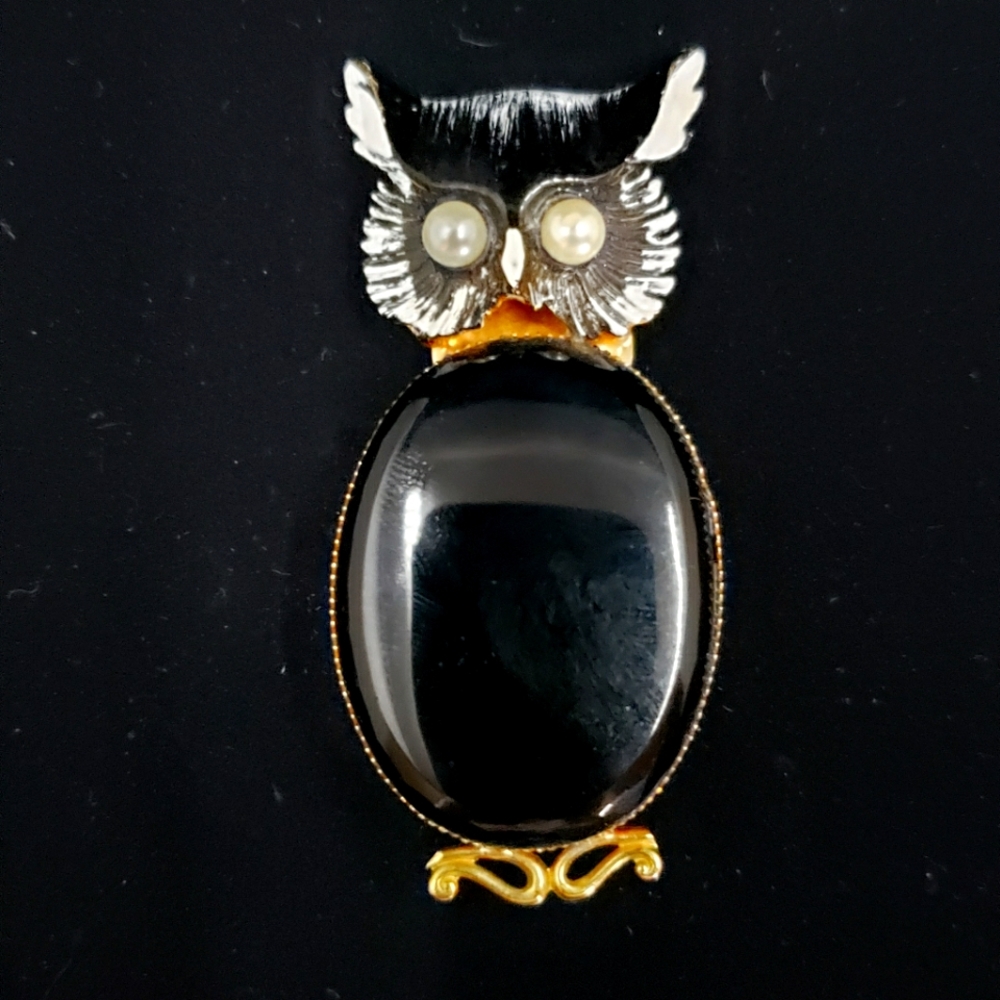 Vintage Original by Robert Black Owl Brooch with Pearl Eyes-1970s